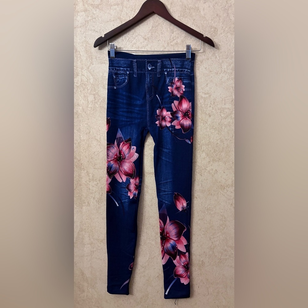 Lemite Jean Floral Leggings for Women in Denim Print